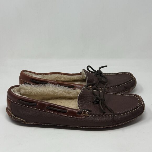 LL Bean Bison Slippers Mens 11 D Brown Leather Shearling Lined Double Sole Shoes - Picture 1 of 16